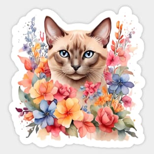 A tonkinese cat decorated with beautiful watercolor flowers Sticker